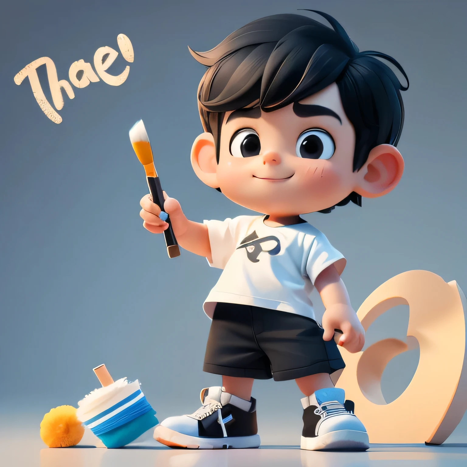 Cute 3D rendering style,Tide play style，A boy writing，Hold a brush in hand，Wearing a white T-shirt，Black hair，Black eyes，Wear shoes，Happy expression，8K quality，high quality，Soften Tone，Repair face and hands