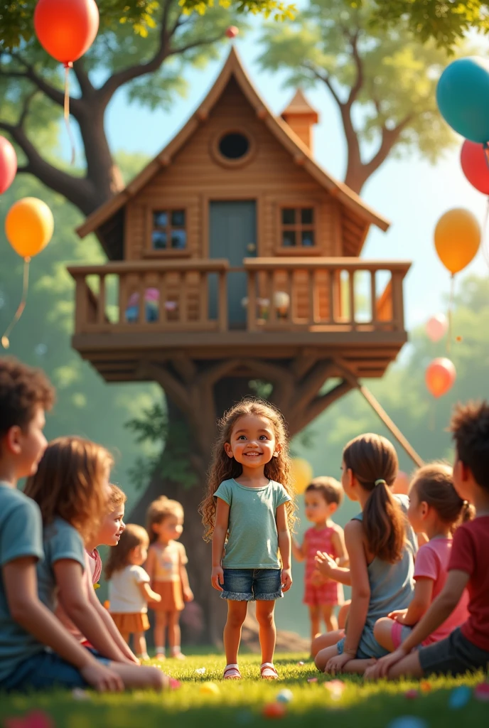 Celebrating Completion:

Prompt: "The young girl, her friends, and family celebrating around the completed treehouse, with balloons and smiles all around. The scene is full of joy and accomplishment."