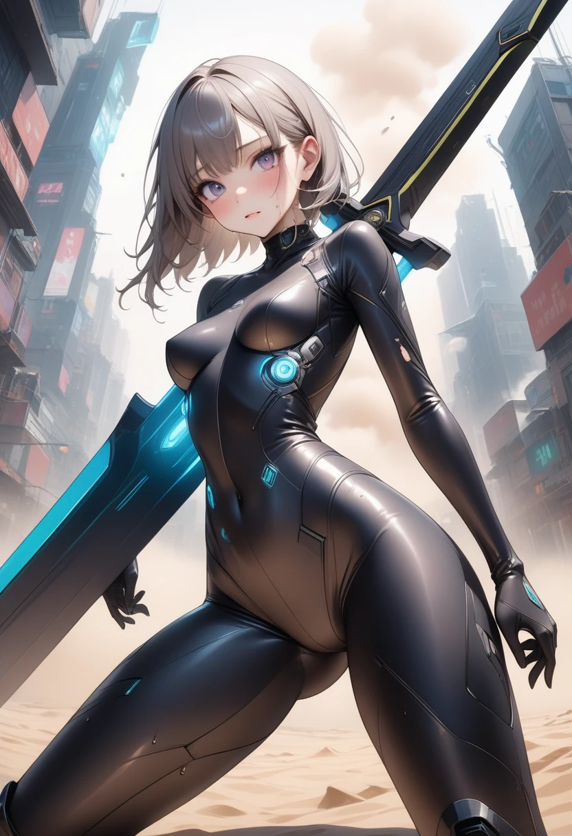 (((Hold a giant sword in both hands))), ((formal cropped jacket)), (Cyberpunk style), ((futuristic sexy bodysuit)), Mechanical Long Boots, ((Shiny Costumes)), skindentation, skinny, solo, 1 woman, Masterpiece, highest quality, highest quality, 16K, incredibly absurd, highly detailed, 2.5D, ai-generated, delicate and dynamic, very delicate facial expressions, delicate eye depiction, erotic, only sexy woman, ((A cute and kind face)), healthy figure, ((25-year-old woman)), 160cm tall, medium firm swaying bust,　Sweat,Embarrassed,sexy, ((thin thighs)), (camel toe:0.7), , (Erect nipples,:0.7), shiny and lustrous, facing straight at viewer, (((in heat))), ((Oily_skin)), ((Lots of sweat)), ((dutch angle)), ((erotic pose)), (((Very dynamic pose))), A ruined cityscape of the future, ((Riding on a giant weapon)), In the sandstorm,