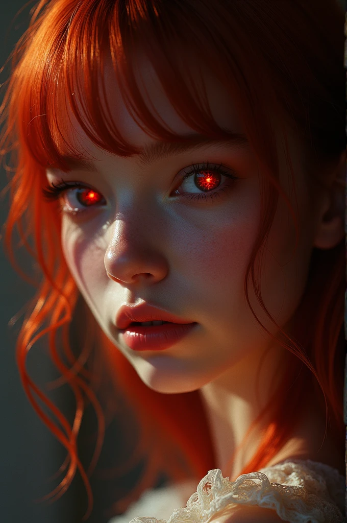 1girl, star eye, blush, perfect illumination, red hair, red eyes, unreal engine, sidelighting, detailed face, bangs, bright skin, simple background, dark background, with ne "lochelle"