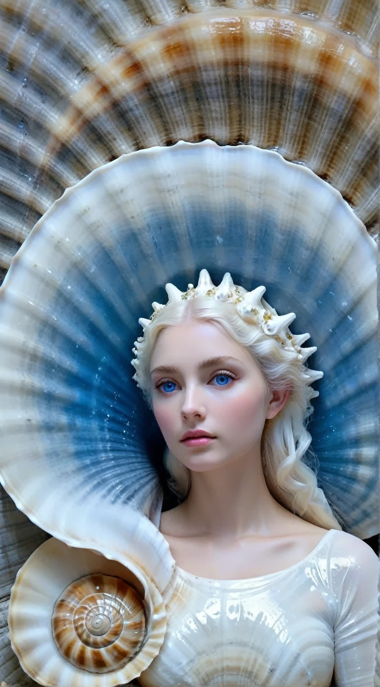 rk-shells Inside the Heavenly Sanctuary of the Shell Cathedral, A surreal goddess with liquid silver eyes graces this sacred space, Embodying the secrets hidden in the gorgeous spiral of blue waves.