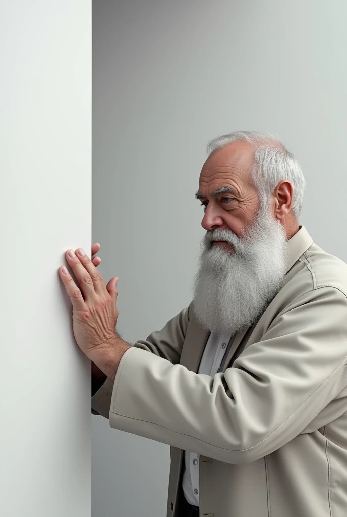 Create an older man with a beard and white hair closing a narrow white door