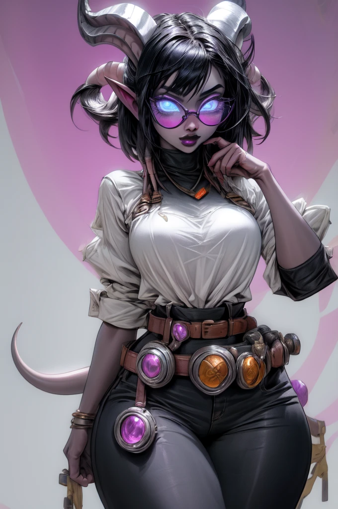 masterpiece, best quality, 1girl, solo, draenei, glowing eyes, colored sclera, tail ornament, hooves, white skin, blue eyes, black hair, shiny silver pouty lips, (tentacle hair:0.8), close-up, upper body, hair ornament, plump and large breasts, shiny skin, shiny silver lipstick, goggles , bob hair cut, fantasy, magic, psy powers, leather apron, toolbelt, mechanic, glasses, apron pouch with tools