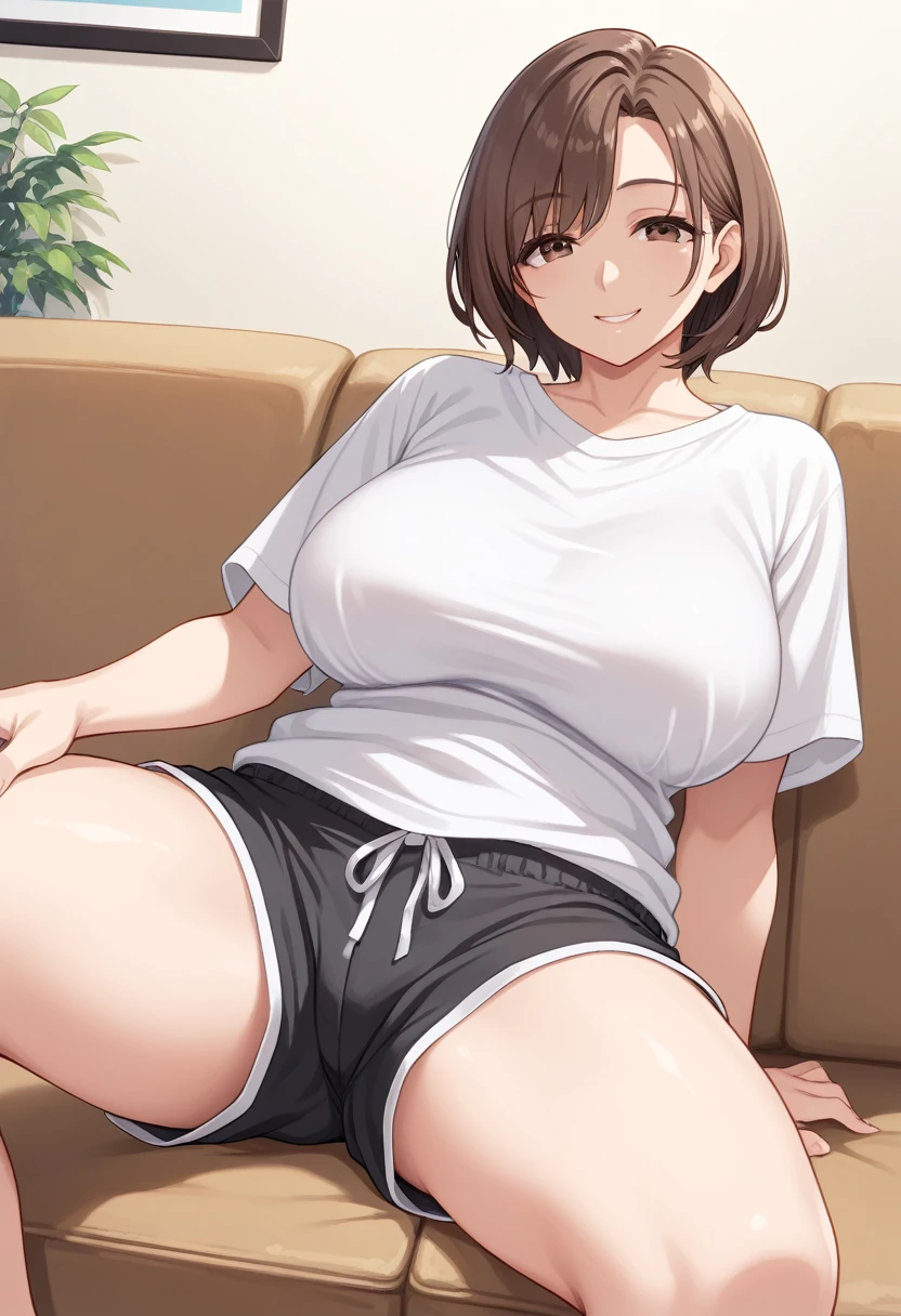 mature_lady, 1girl, solo, score_9, straight hair, short hair, brown hair, undersized clothes, baggy clothes, white shirt, black shorts, sitting, sofa, indoors, looking at viewer, smile