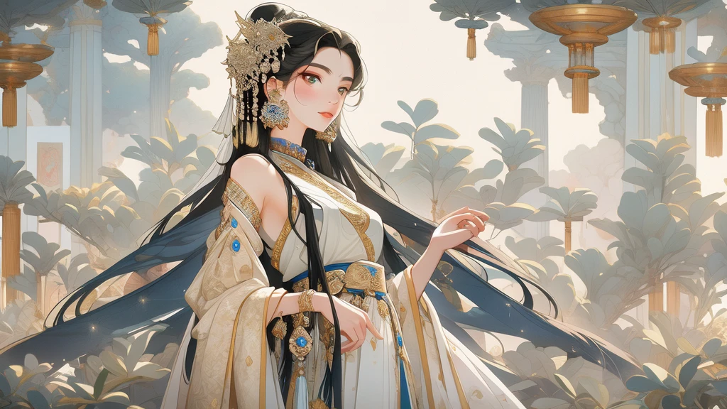 A stunning 8K cinematic anime-style illustration depicts a beautiful woman in ancient attire, standing on silver-white sand , a starry night sky. Her long, black hair is adorned with elegant hairpins, and her eyes are black like deep pools. She wears intricate white ancient Chinese clothes, accessorized with exquisite jewelry. hold body. The background highlights the vast universe with a galaxy of stars, while the surroundings include laurel trees. The atmosphere is calm and cool, with vibrant colors and intricate details, evoking a sense of high-quality, almost painterly, animation., vibrant, anime, painting, cinematic, illustration