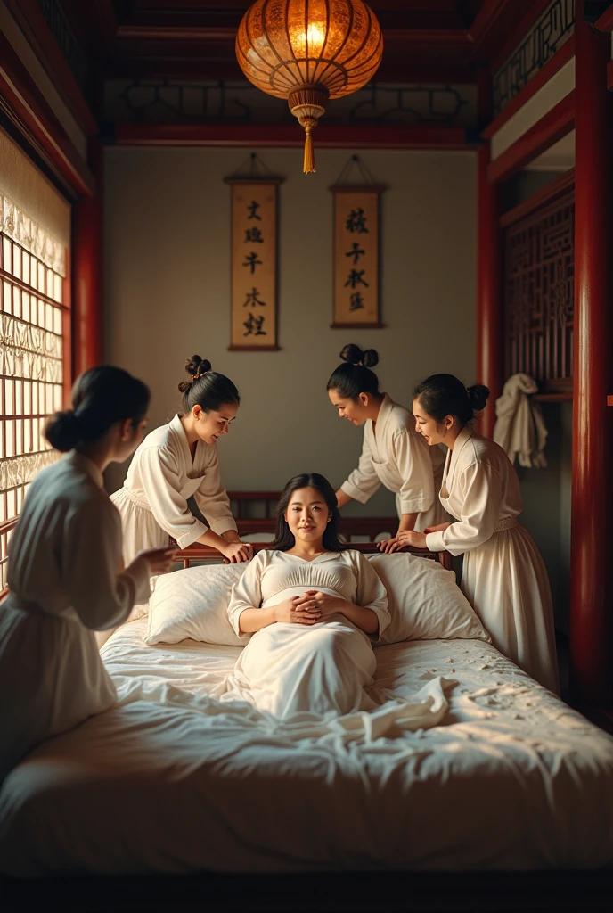 Sense of lens,Ancient,Chinese ancient style house,Main house master bedroom,Pregnant woman lying on bed,Surrounded by several busy midwives,Detailed description of interior decoration,Movie quality,Movie storyboard,8k,Ultra-clear,Hyperrealism