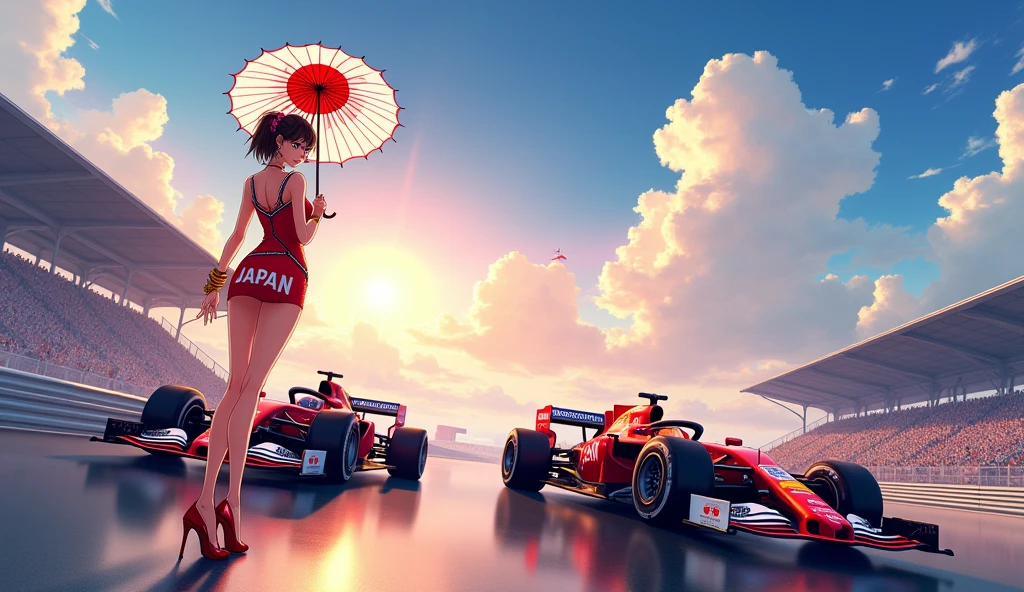 F1 race circuit. Race cars have the word JAPAN on them. A young Japanese race queen is standing in front of a race car holding a Japanese flag parasol. Her costume is separates with the word JAPAN on it. She is wearing a bangle on her arm. The background is beautiful and shining under the summer sun. Anime style. View from afar. Her beautiful legs are attractive, and her whole body from head to toe. She is wearing high heels.