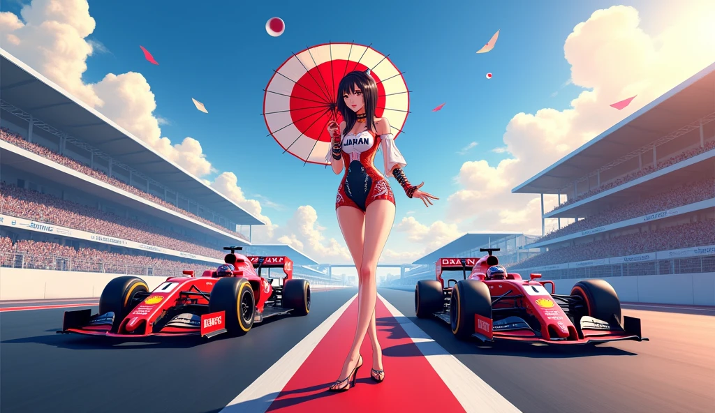 F1 race circuit. Race cars have the word JAPAN on them. A young Japanese race queen is standing in front of a race car holding a Japanese flag parasol. Her costume is separates with the word JAPAN on it. She is wearing a bangle on her arm. The background is beautiful and shining under the summer sun. Anime style. View from afar. Her beautiful legs are attractive, and her whole body from head to toe. She is wearing high heels.