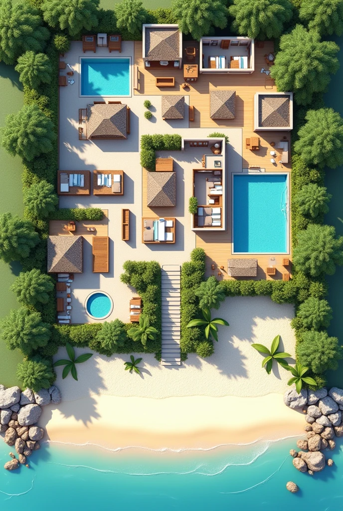 2D floor plan of a beach hotel showing the reception area first, The restaurant space, The recreation space, , 7 guest rooms, A SPA room, An area for people with disabilities, three pools, Connection with green areas, This can be something like an open space and a septic tank with a lid, The L-shaped parking lot One part in front and the rest alongside