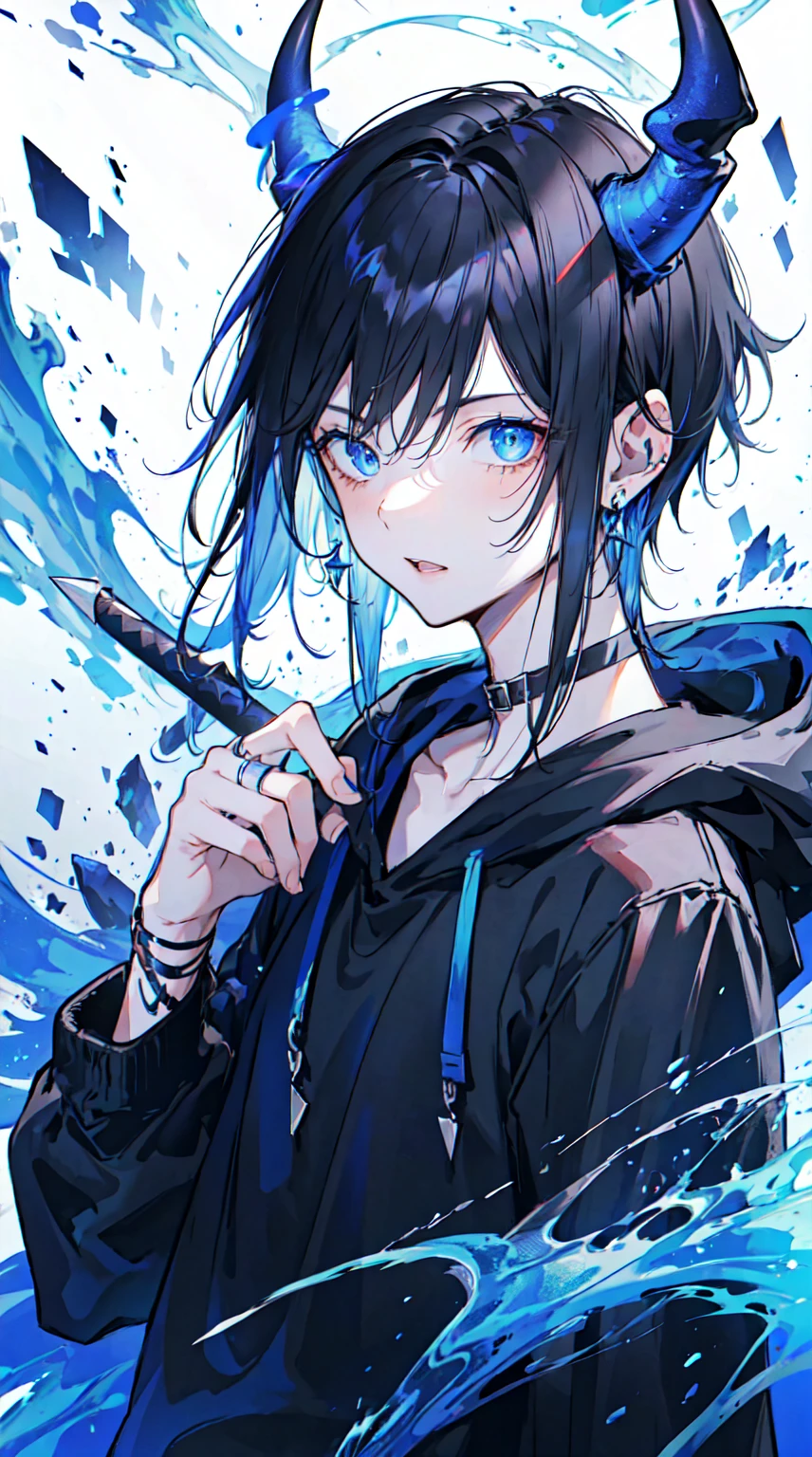 1 person, best quality, masterpiece, 1 teen boy, scruffy black hair, bangs, Blue eyes, long earrings, black hoodie, blue demon horns, blue katana, at the back, moon, dark night, looking at viewer, upper body.
