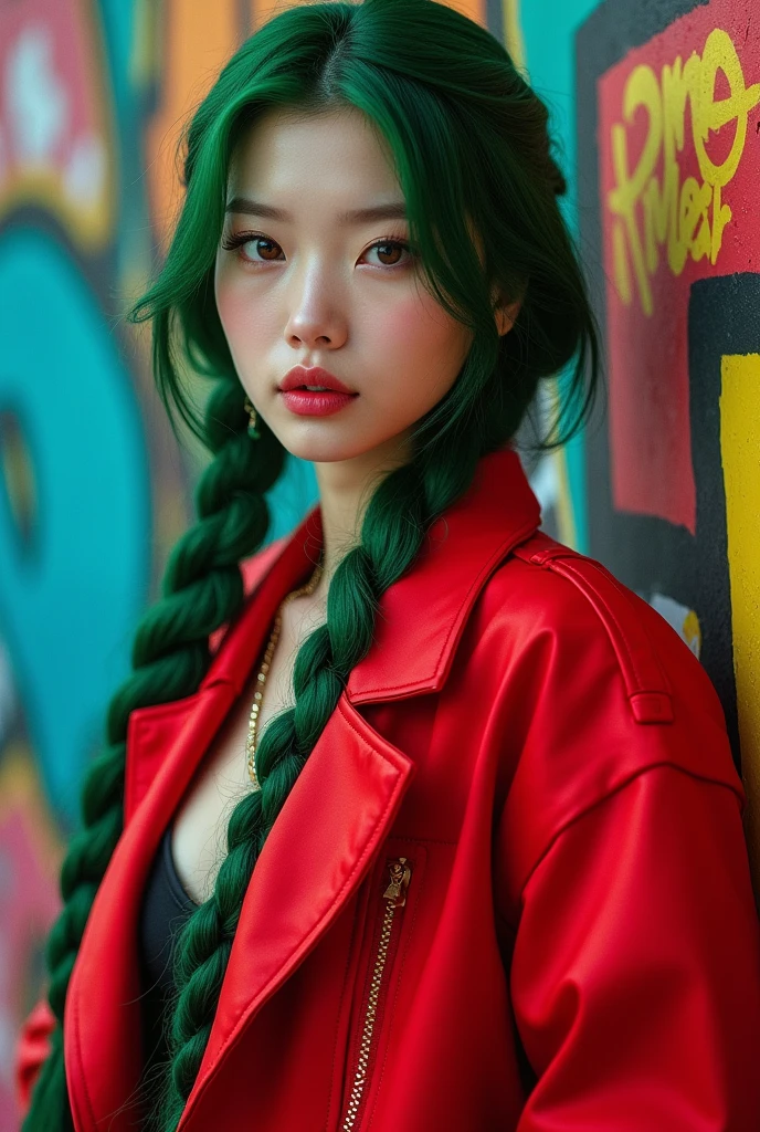 beautiful kpop idol girl wearing a red hip-hop jacket outfit covered elegantly, her long green hair beauty in braid, against the backdrop of a graffiti wall during the day