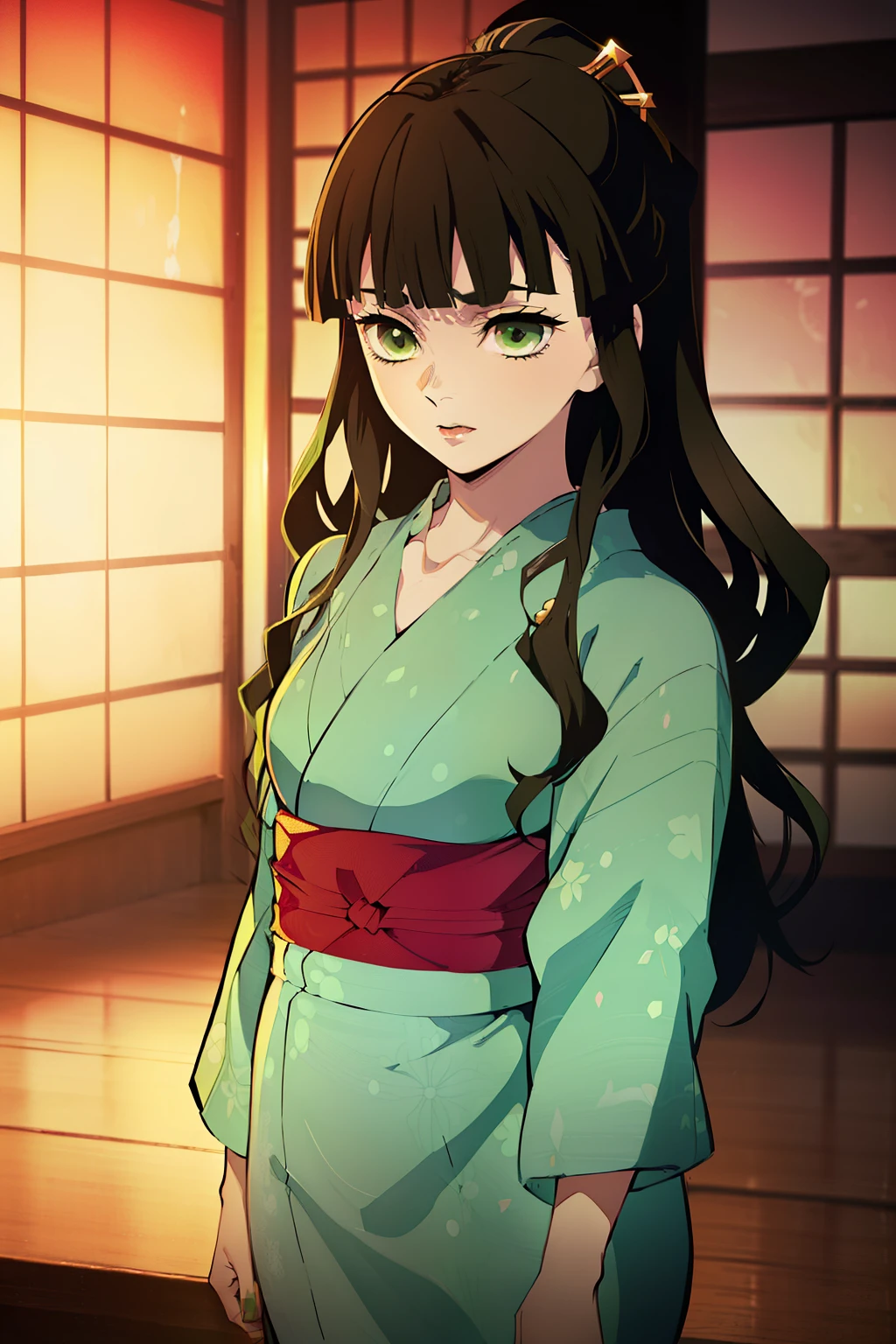 (high-quality, breathtaking),(expressive eyes, perfect face) (((yukata, sexy lips)), 1girl, female, solo, young adult, dark brown hair, green coloured eyes, stylised hair, long length hair, loose hair, side bangs, tied up, japanese clothing, elegant, soft make up, hair pin accessory in hair, demon slayer art style