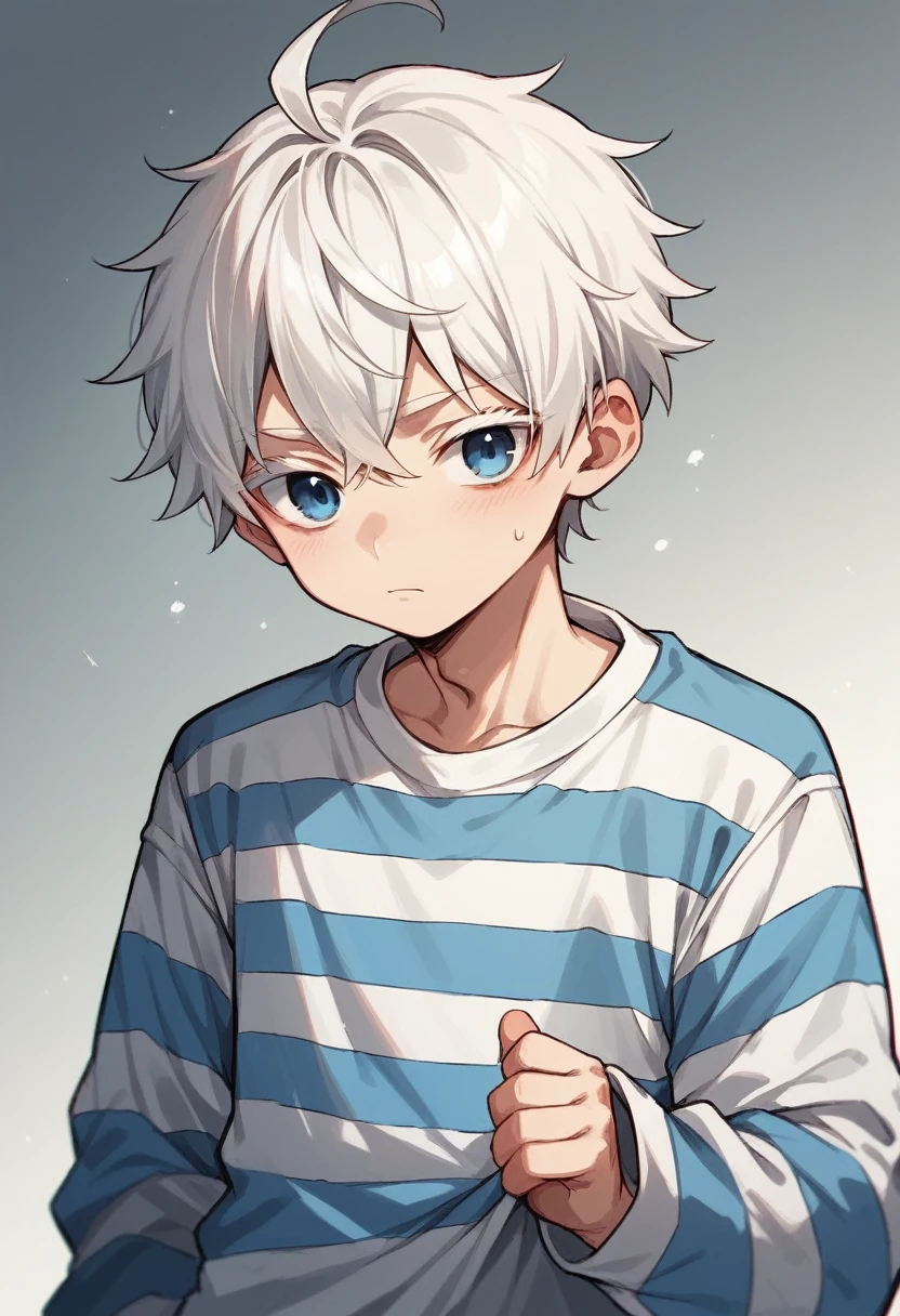 a young anime boy with white hair blue eyes with a striped long sleeve shirt striped with black and white White eyelashes 