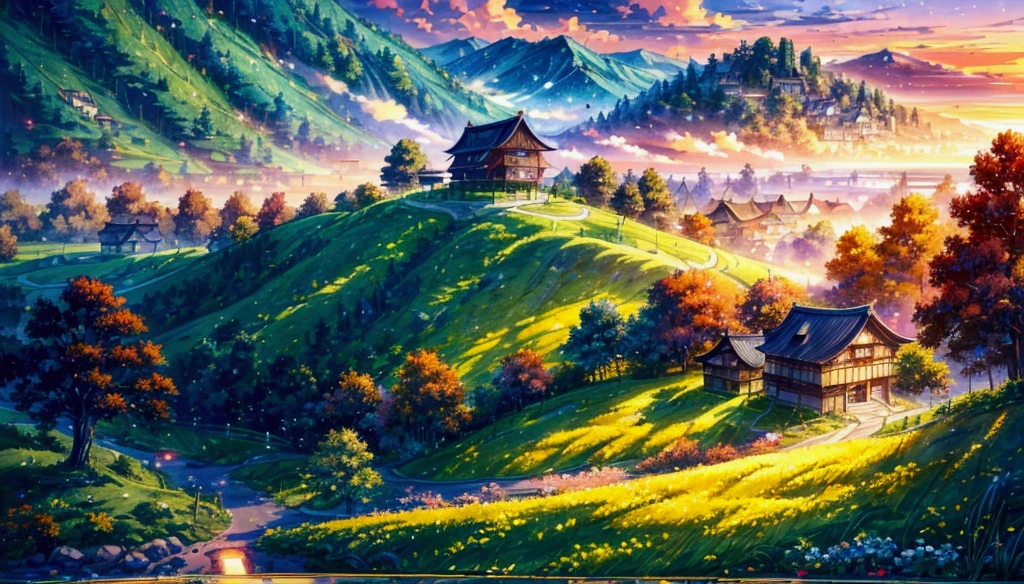 ​masterpiece, top-quality, depth of fields, high details, 8k, old town scene, lots of wooden houses, grass land, road to the town, clouds, sunset, trees, anime style, A painting of a house in a flower field, beautiful peace scene, Flower mountain background, 4k HD, Beautiful Art, 一幅Beautiful Art插图, Beautiful digital painting, Highly detailed numbers, Beautiful digital artwork, detailed, 非常detailed的数字, The colors are brilliant and rich, Gorgeous numbers