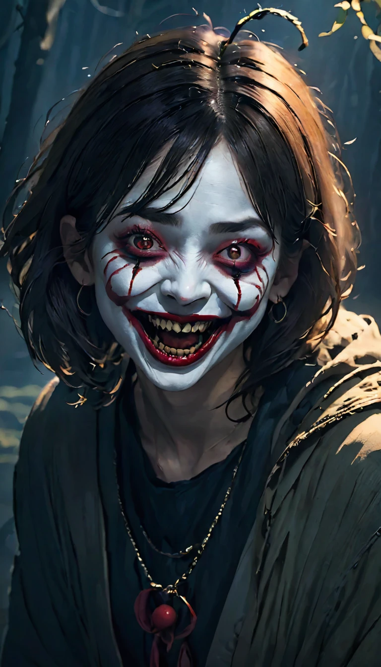 of the highest quality,horror,chilling笑顔,Red nose,detailed face,scary atmosphere,dark background,dramatic lighting,sharp focus,an accident,devil夢,scary clown,fear expressions,EMOTION,exposing teeth,big smile,red lips and sticking out a long black tongue ,devil,Ghostly,devil夢のような,anxious,night landscape,chilling笑い,strong look,A terrifying personality,distorted face,threatening,Gothic,sharp eye,devil夢のような scenery,chilling,anxious,Horror movie aesthetic,devil夢 fuel,Ghostlyly beautiful,A terrifying presence,devil夢-inducing,shadow,chilling雰囲気