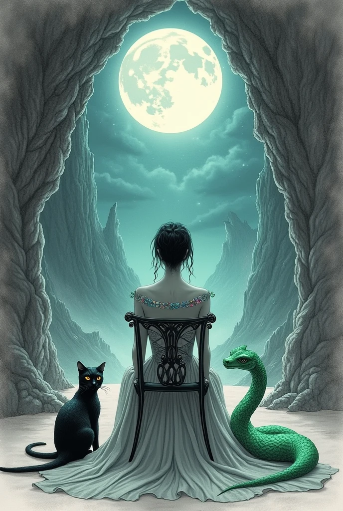 create an easy drawing, in pencil, basic level,by Angela Saberbeín sitting with her back to her chair, with the black cat and the green snake at his side, lighting up the room with her jewels. We could also include the cave in the background or focus only on the moon that she was contemplating on the night she was enchanted..