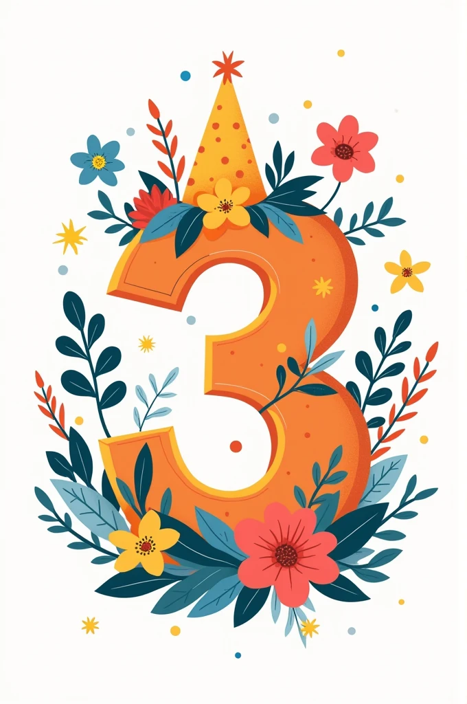 "A cheerful and vibrant illustration centered around the number '3'. The design features a simple background with playful floral elements surrounding the number. The overall mood should be joyful and celebratory, emphasizing the significance of the number '3' in a light and positive manner.