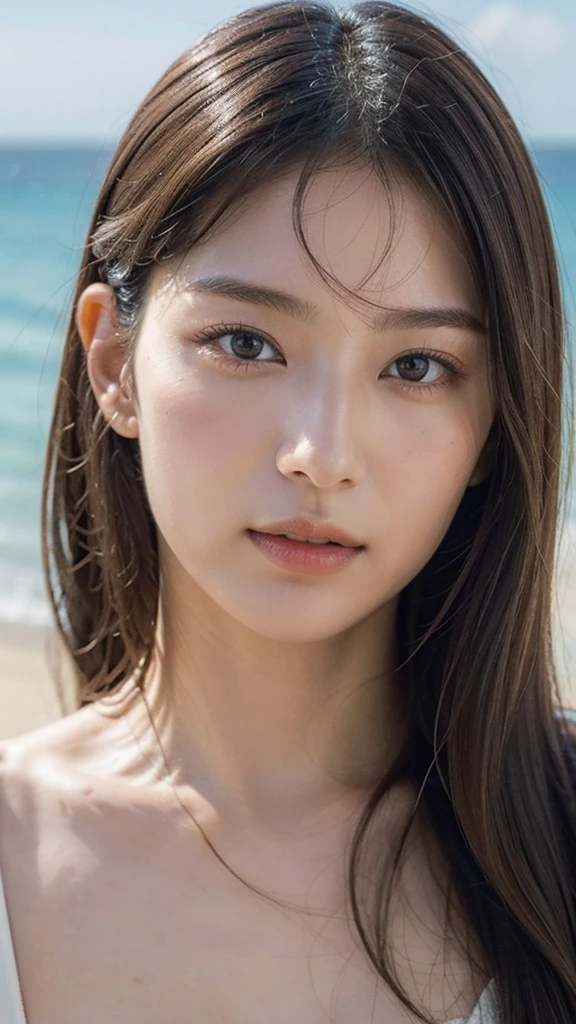 Model actress、One Woman、cool、Japanese and half European、Close-up of face、30 generation beauty、Realistic Skin、Seaside