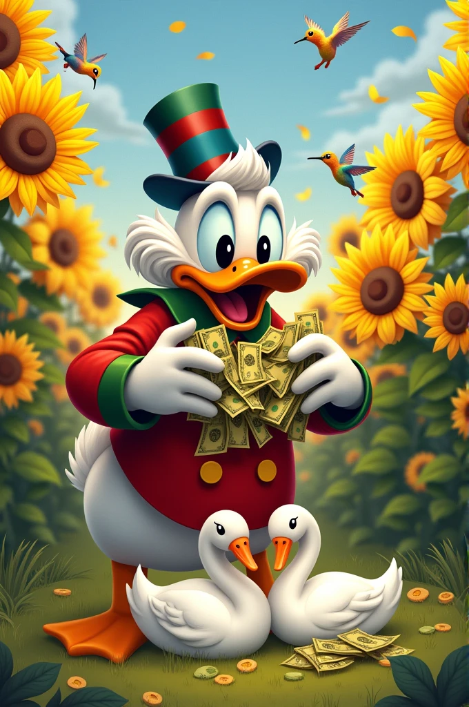 Uncle Scrooge smiling, with several banknotes and forming a dollar sign with the notes. Some hummingbirds flying around very yellow sunflowers and two swans on the ground forming a heart because they are close.
