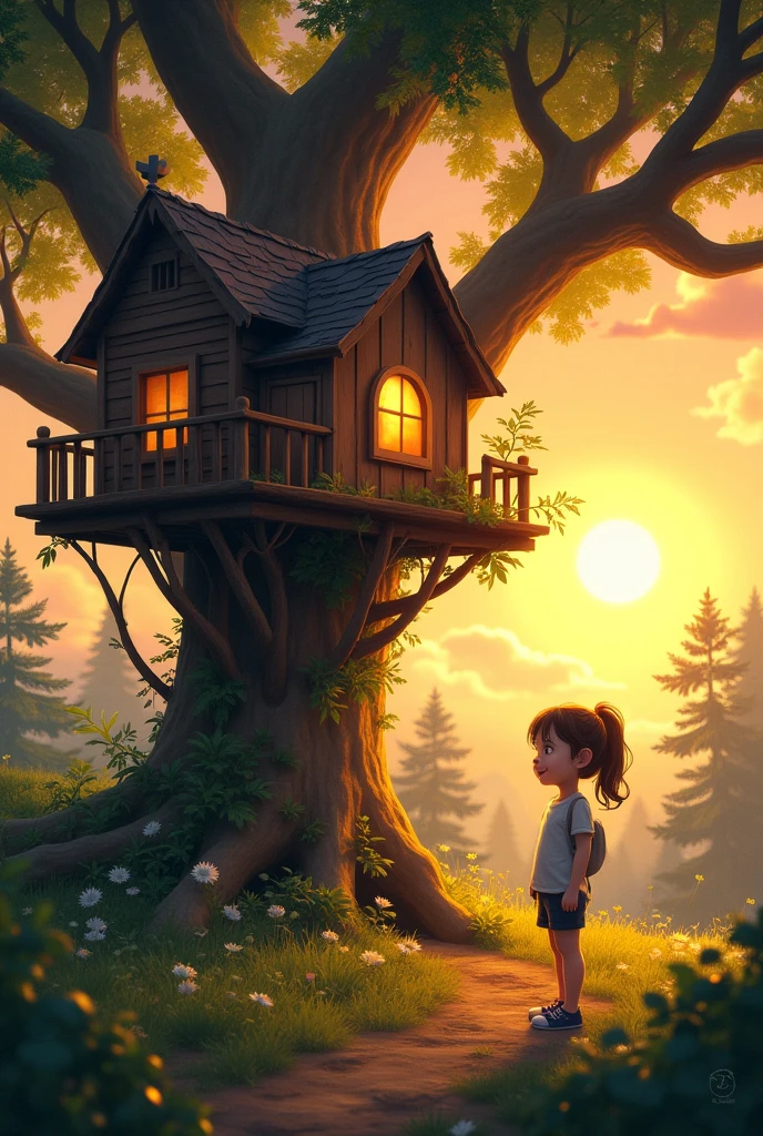 Treehouse at Sunset:
Prompt: "A picturesque sunset behind the completed treehouse, casting a warm, golden glow over the scene. The girl stands proudly in front of her creation."