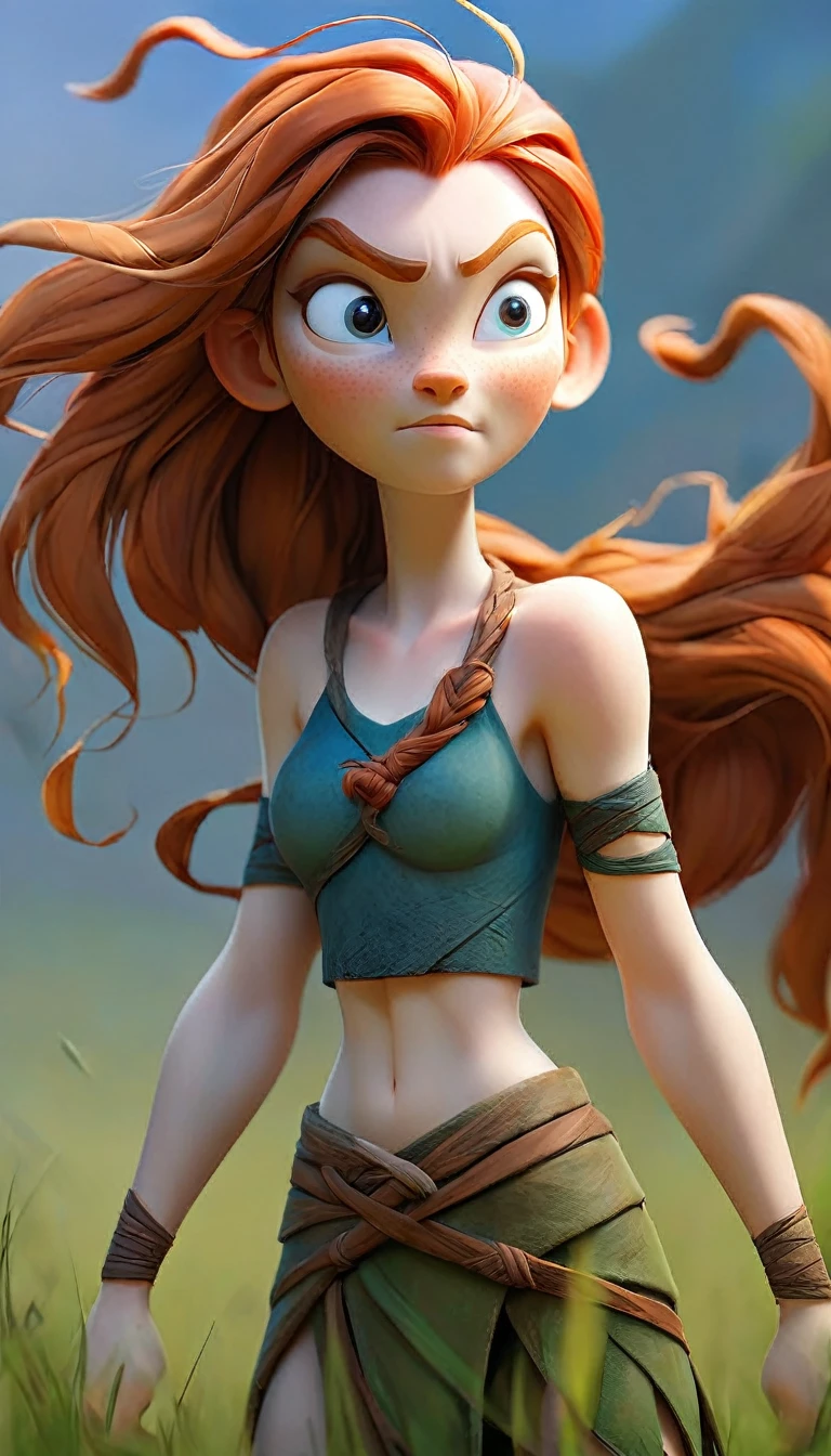 girl, young, beautiful face, cute face, beautiful face, smiling, fair skin, ginger hair, high ponytail, side bangs, green eyes, Celtic girl, fantasy, colossal breasts, overly sagging breasts, huge breasts, covered breasts, long breasts, breasts stretched to the waist line, stretched breasts, very long breasts, breasts, long to the waist, thick thighs, wide hips, brown clothes, skimpy clothes, brown loincloth, loincloth, pelvic curtain cloth, short loincloth, thin loincloth, sleeveless top, strapless top, fur top, brown top, brown fur top, metal armlets, exposed arms, exposed legs, exposed belly, exposed navel, visible pubic hair, ginger pubic hair, ancient Celtic background, full body, standing SFW, swollen breasts, heavy breasts, exposed pubic hair, war painting, war painting on body, blue war painting, spiral war painting, war painting on arms, war painting on legs, war painting on breasts, war painting on face, iron armlets,