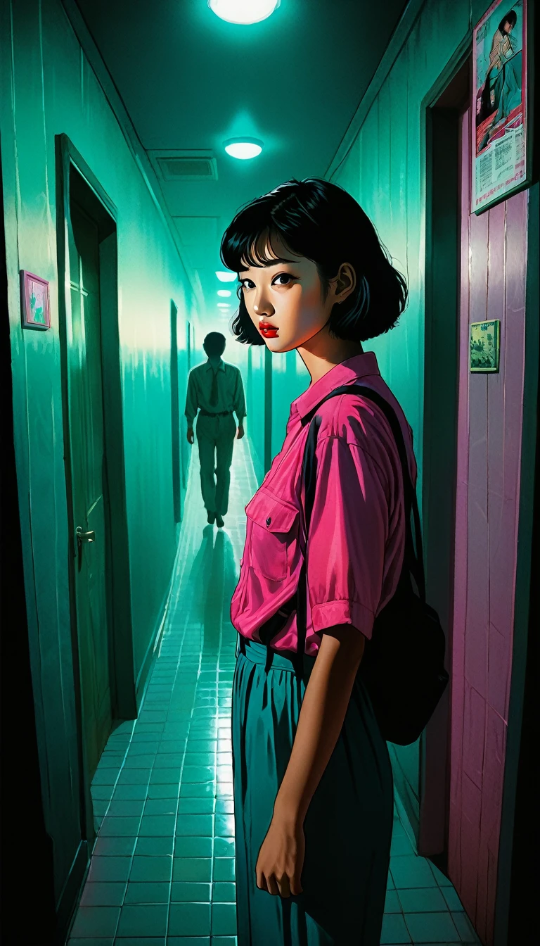 An illustration、art、80s Thai horror movie poster, Supervised by Junji Ito、(Apartment hallway:1.0)、night、Attention to detail, Realistic Shadows、Analog Style, chromatic aberration, Surrealism、Complementary Gradient
