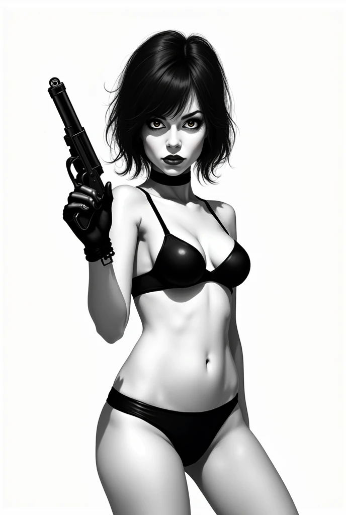 creat a girl holding a gun in front of telespectator, black and white, fine sketch, style of pop art, she wearing a black gloves, black panties and black bra, she's got a choke in the neck, skinny, style of andy warlhol, pulp, black and white