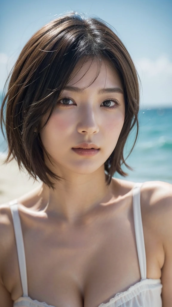 Model actress、One Woman、cool、Japanese and half European、Close-up of face、30 generation beauty、Realistic Skin、Seaside、short hair