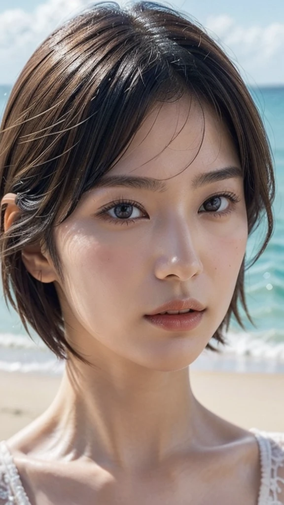 Model actress、One Woman、cool、Japanese and half European、Close-up of face、30 generation beauty、Realistic Skin、Seaside、short hair
