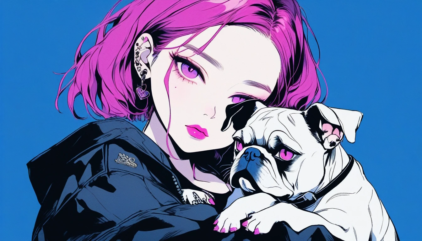 Illustrator, anime , Realistic ,sketch , Inside the intersection、An adult woman holding a cute bulldog puppy, lip, nail、T-shirt,order,Textured Trim, (masterpiece,Highest quality) , Neon Hair,Textured Trim, Canadian, (masterpiece,Highest quality) Cancer,night、Dark Eyes、night、