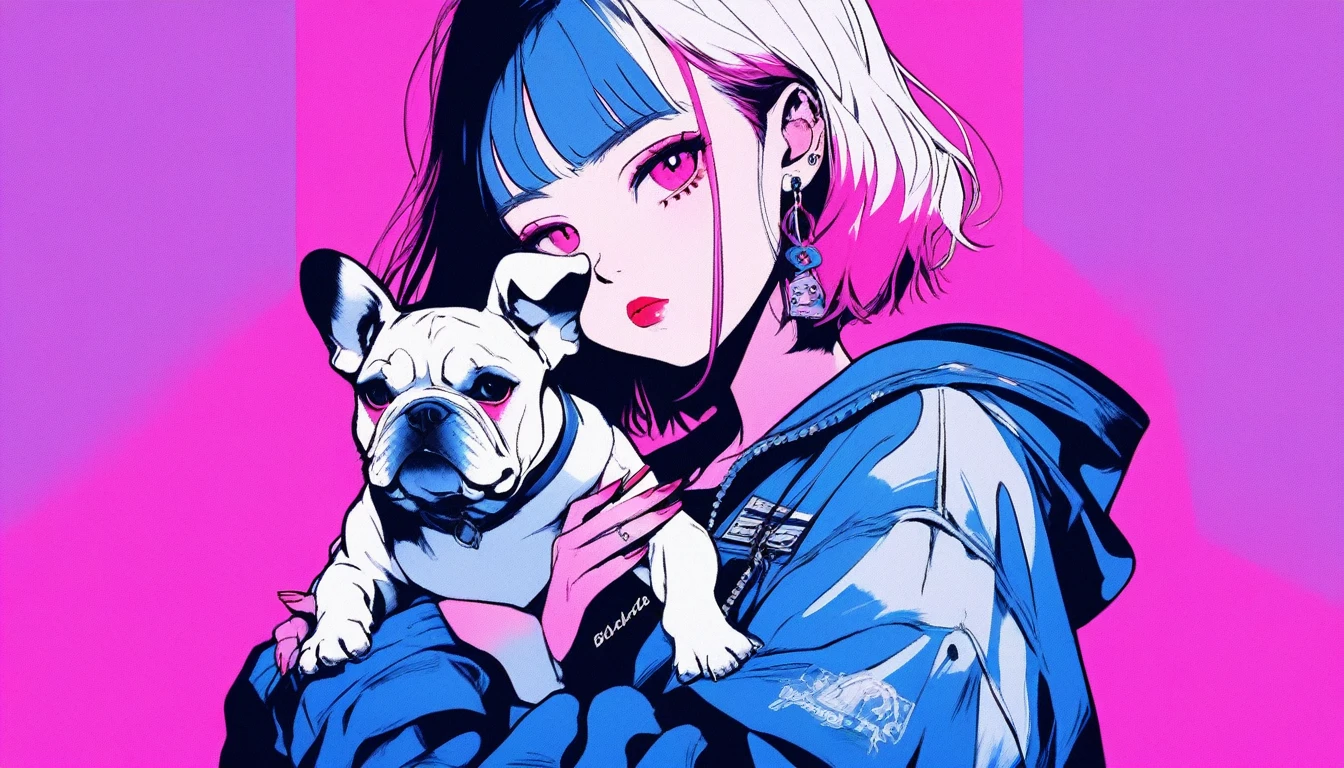 Illustrator, anime , Realistic ,sketch , Inside the intersection、An adult woman holding a cute bulldog puppy, lip, nail、T-shirt,order,Textured Trim, (masterpiece,Highest quality) , Neon Hair,Textured Trim, Canadian, (masterpiece,Highest quality) Cancer,night、Dark Eyes、night、