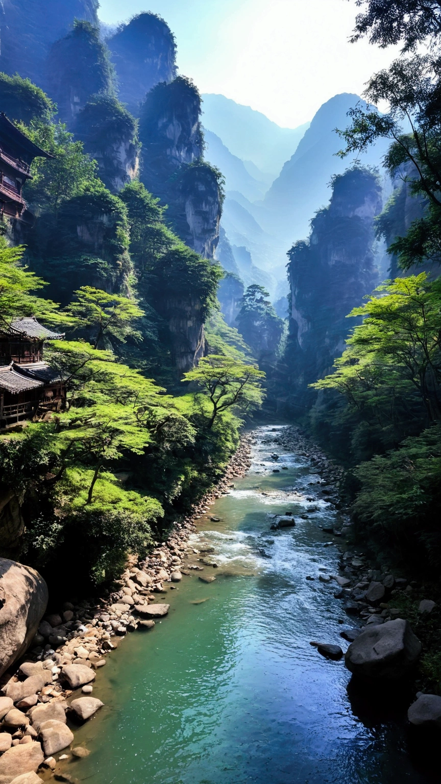 Taking photos in the creek，The stream is clear，Like the mountains in Zhangjiajie，Mountain tops shrouded in mist，Looming，Purple sunlight shining on the mountains，Like an ink painting
