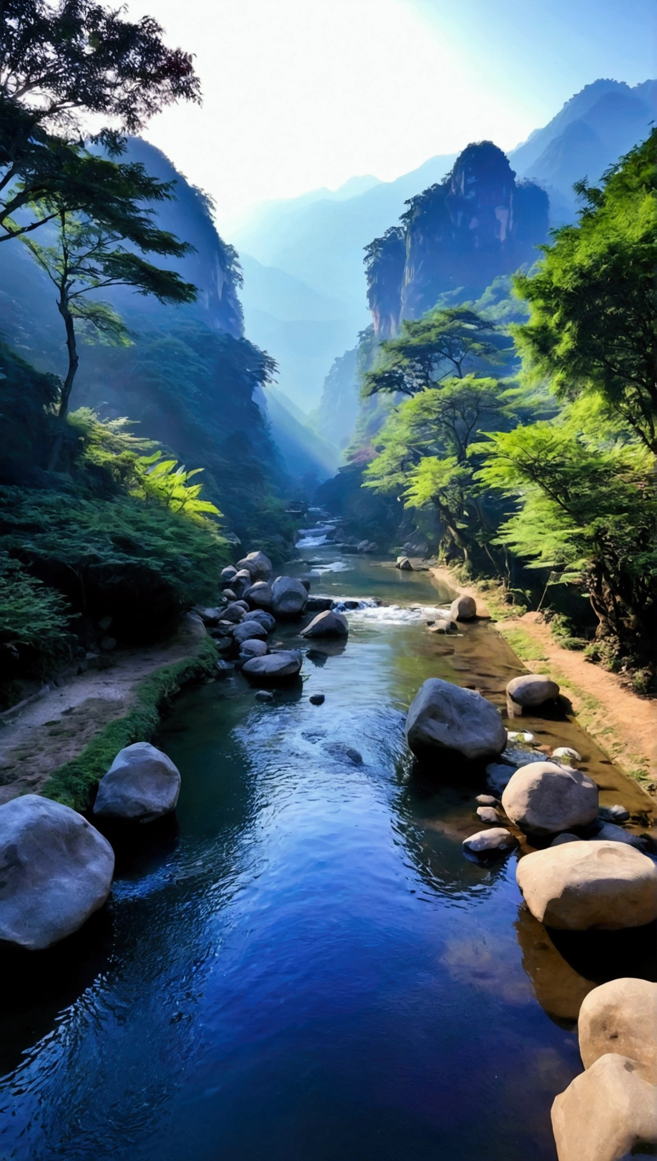 Taking photos in the creek,The stream is clear,Like the mountains in Zhangjiajie,Mountain tops shrouded in mist,Looming,Purple sunlight shining on the mountains,Like an ink painting