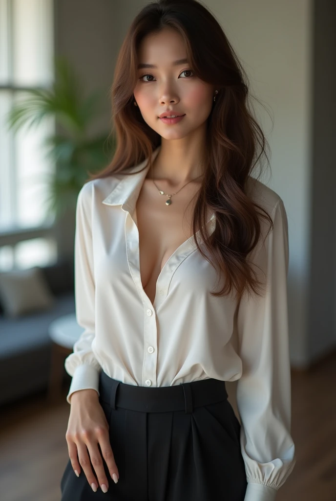 Mature Young,Office Clothes,Erotic style,very cute,whole body,Beautiful and soft skin、Perfect Face、Perfect Face,Gorgeous long brown hair,8k resolution,Ultra-realistic,Very detailed,high quality,Fashionable erotic beautiful immature woman ,(Look at the viewers)