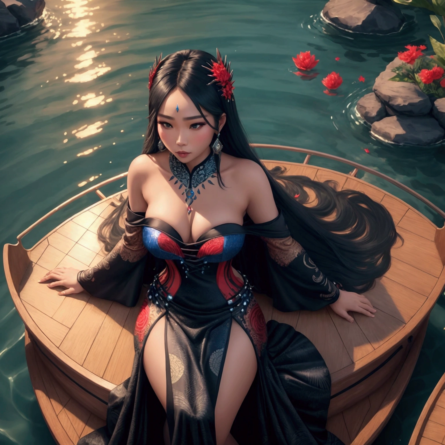 A realistic and detailed image of an Indonesian woman with long flowing hair, wearing a black batik patterned costume, a strapless corset V-cut dress made from red carbon fiber with sharp motifs, very tight and stiff adorned with sparkling blue gems, a luxurious long skirt, looking beautiful and stunning, sitting on a boat, surrounded by a pool of falling flowers, sparkling gems, and blue moonlight. 