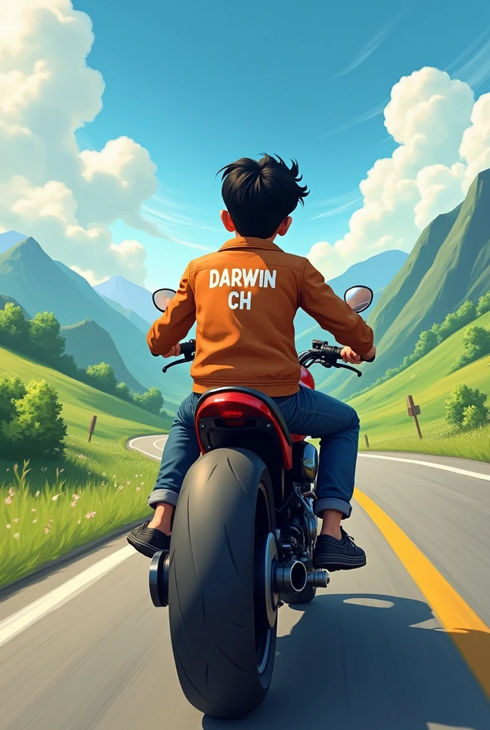 a boy on a motorcycle with a t-shirt or jacket that has his name Darwin Ch on the back