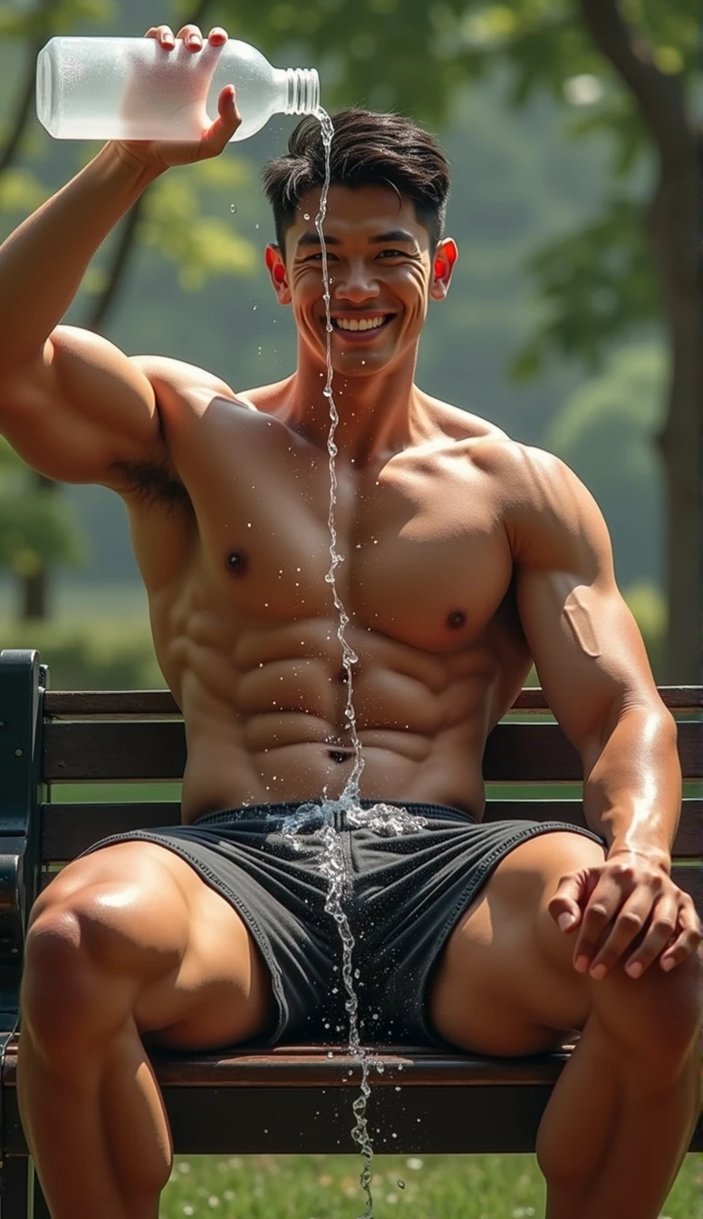 photorealistic, best quality, masterpiece, extremely detailed, sexy, homoerotic, extremely handsome, youthful, 25 year old muscular taiwanese man, ((muscular bodybuilder)), ((massive thighs)), tight booty shorts, big erection bulge, very sweaty, big smile, happy, sitting relaxed on bench, pours water out of plastic water bottle on his own head, at park, extremely romantic atmosphere, perfect face, perfect fingers, perfect hands, perfection