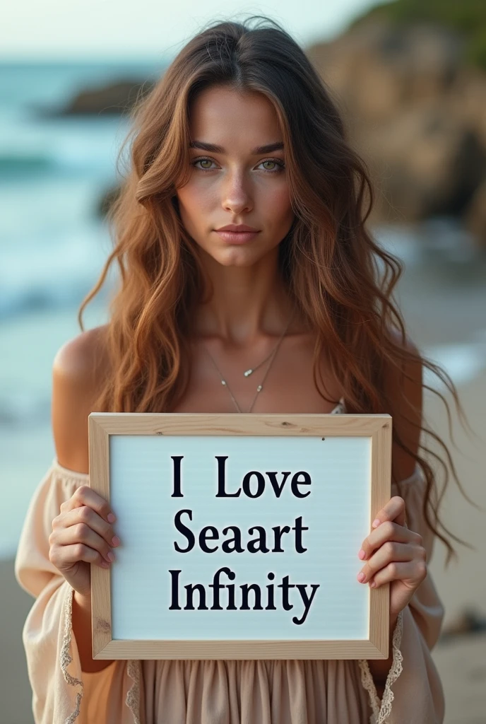 Beautiful girl with wavy long hair, bohemian dress, holding a white board with text "I Love Seaart Infinity" and showing it to the viewer