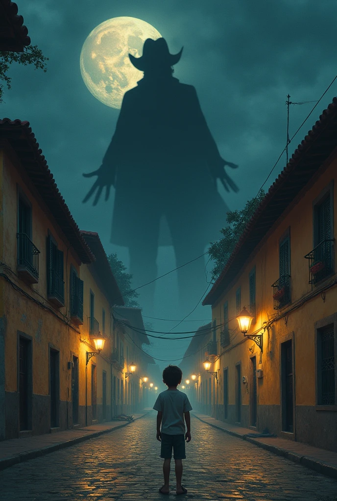 Could you make a cover for this story?:
The Shadow in the Village In the peaceful village of Esperanza, Life continued its course with a tranquility that seemed eternal.. Its cobbled streets were adorned with warm-coloured houses., and the aroma of the flowers in the gardens mixed with the joyful sound of the children playing in the square. Life was simple and serene, and the community was held together by friendship and mutual respect..
However, Esperanza's calm was disturbed when a dark shadow, invisible but palpable, began to spread among the inhabitants. This shadow had no shape or face, but it was manifested in the cold glances, Harsh words and hostile gestures. It was violence, that had slowly infiltrated everyday life, corroding the fabric of the community. Nobody knew how it had started., But what were once minor arguments turned into heated fights and violent confrontations..
Mateo, a ten year old boy, He was known for his inexhaustible energy and kind nature.. His life changed dramatically when he began to notice the effects of the shadow on his own family.. Mateo lived with his father, Thomas, a man known for his gentle nature and sense of humor, and his mother, Isabel, whose warmth and love were the pillar of the family. However, with the arrival of the shadow, Thomas comenzó a cambiar. His days were filled with frustration and anger., and his interactions with neighbors became increasingly tense..
An afternoon, Mateo saw a scene that broke his heart. His father was in the middle of a heated argument with Don Pedro., a neighbor with whom I used to have a friendly relationship. The reason for the conflict was a small piece of land that both claimed as theirs.. Mateo saw his father with his face red with fury and his fists clenched with an intensity unknown to him.. The shadow of violence had taken control of his father, and Matthew was overwhelmed by the