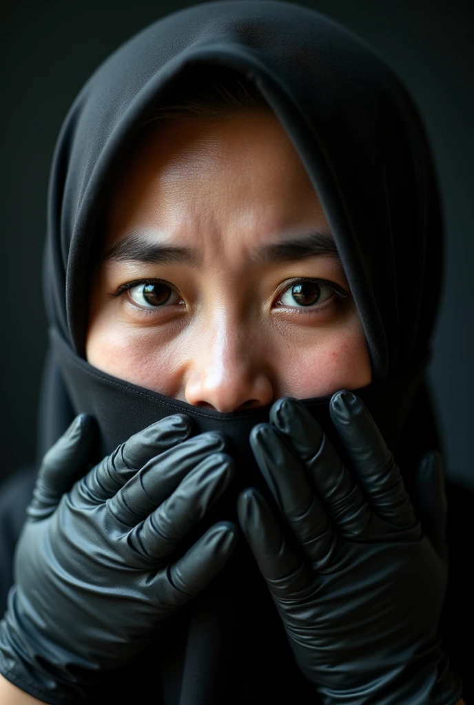 (photography)(dynamic) A closeup face of a female Malay, wearing hijab. Her mouth is gagged by two gloved hands. Crying.