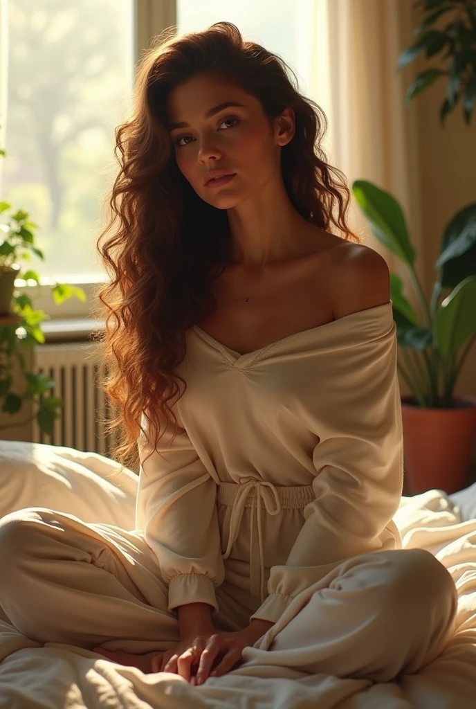 (photorealism:1.2), beautiful woman, sitting on bed, wearing loose off-shoulder top, pajama pants, long curly hair, indoors, soft lighting, plants in background, window with sunlight, cozy room, relaxed pose, realistic, intricate details, warm colors, by Greg Rutkowski, by Alphonse Mucha