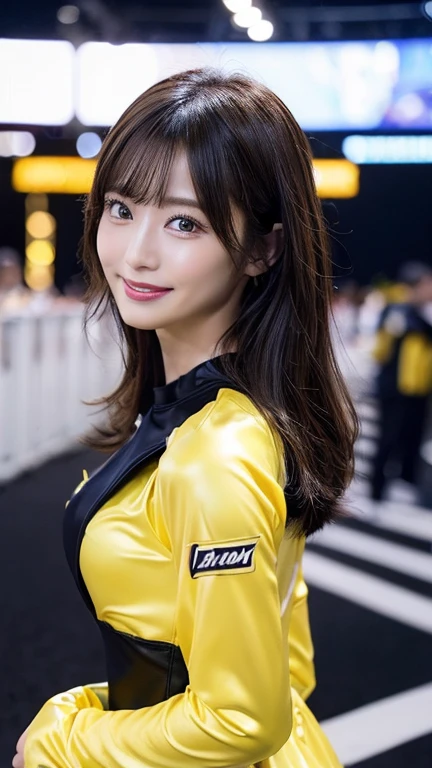 (masterpiece), ((yellow&black Racing girl costume)), whole body, Highest quality, Highest quality, detailed, 非常にdetailedな_eye, sexy,chest, Beautiful Hands, Beautiful feet,(eyeliner:0.5),(blush:0.5), Jet Black Hair、A light smile, Fingernails, masterpiece, Highest quality, detailedな肌の質感, detailedな布の質感, 複雑なdetailed, 超detailed, ((Super GT Event)), Random Pause, (Circuit Background),  Bottom Angle, Front view, From below, (Highest quality, High resolution, Realistic, original, 8k,masterpiece, ),Highest quality, masterpiece8k. Wallpapers HDR. High Rib:1.2, Film Grain, Blurred Bokeh:1.2, Lens flare, (Bright colors:1.2), (delicate),((Grid girl costume made of shiny enamel material))、((Costumes with sponsor logos:1.3))、(((Heavily exposed skin:1.4)))、((Very short tanding in front of a supercar))、motor Show、((Costumes with sponsor logos:1.3))