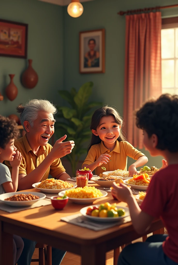 Venezuelan family sitting at a table having lunch