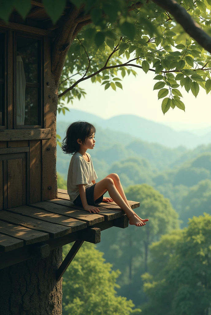Reflecting on the Journey:
Prompt: "The young girl sitting on the treehouse platform, looking out over the forest with a satisfied and reflective expression, remembering the hard work and lessons learned."