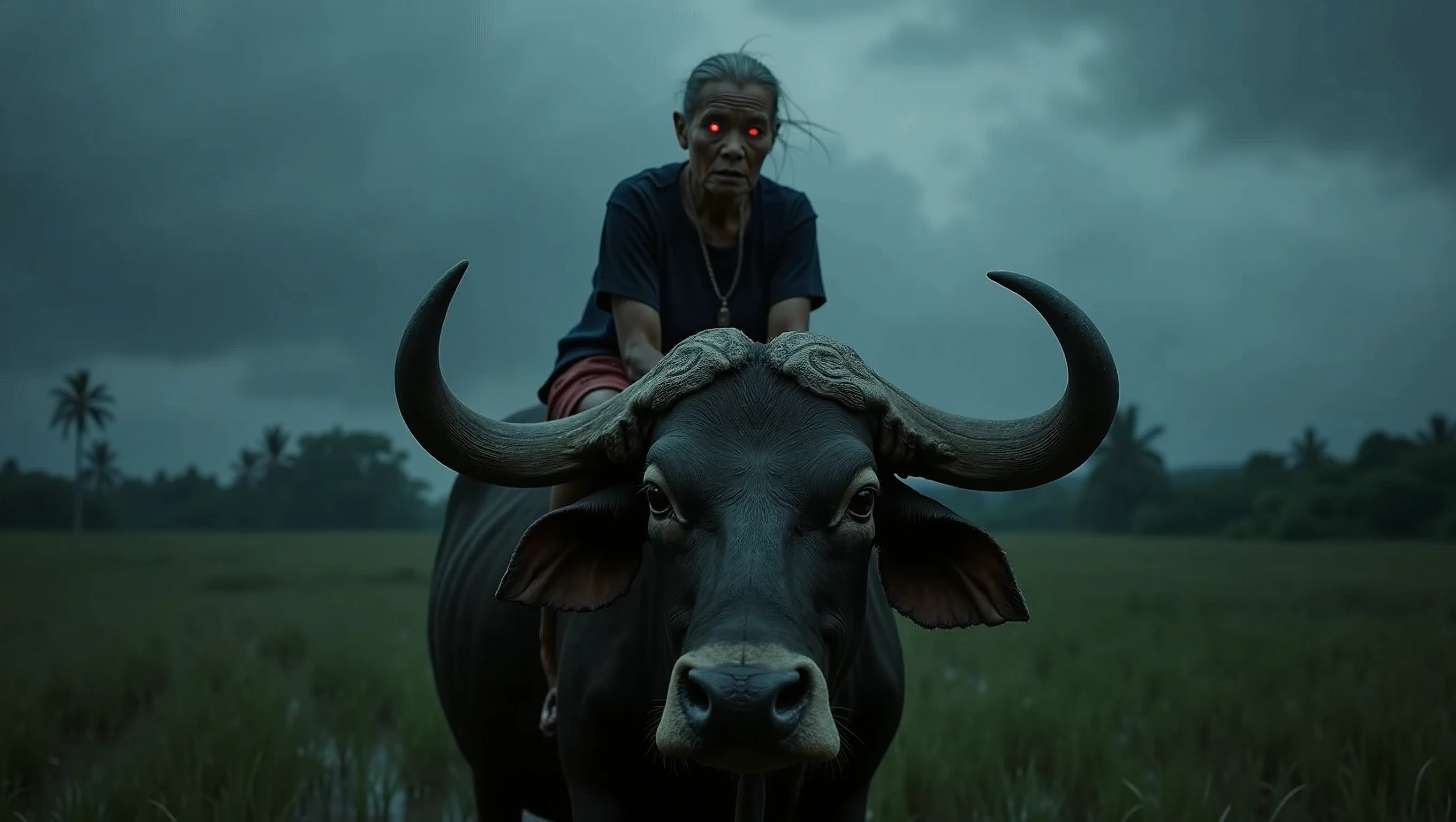 A scary red-eyed cambodia grandmother rides a buffalo in the fields at night 8k  