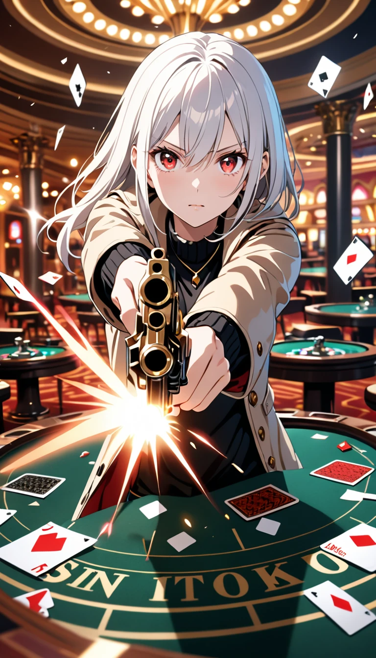 1girl, 15 years old, slim, small breasts, white hair, hairs between eyes, shoulder length hair, pale skin, bright red eye, white duffle coat, open coat,  black sweater, turtlenecks, long sleeves, jeans, gold pocket watches hanging from the neck, 
detailed face, smooth skin, shiny skin, kawaii, 
BREAK 
angry, holding weapon, holding gun, handgun, aiming at viewer, muzzle flash, 
casino, fell table, casino card table, (scattered cards:1.8), smog, 
BREAK 
cinematic lighting, volumetric shadow, 
BREAK 
source_anime, game CG, score_9, score_8_up, score_7_up, (masterpiece:1.2), (best quality:1.2), (very aesthetic:1.2), (absurdres:1.2), (detailed background), newest, (intricate:1.2), ai-generated,