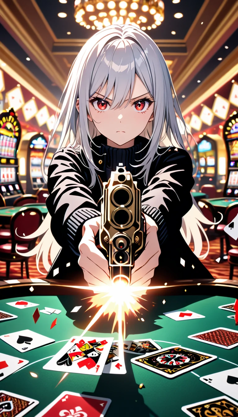 1girl, 15 years old, slim, small breasts, white hair, hairs between eyes, shoulder length hair, pale skin, bright red eye, white duffle coat, open coat,  black sweater, turtlenecks, long sleeves, jeans, gold pocket watches hanging from the neck, 
detailed face, smooth skin, shiny skin, kawaii, 
BREAK 
angry, holding weapon, holding gun, handgun, aiming at viewer, muzzle flash, 
casino, fell table, casino card table, (scattered cards:1.8), smog, 
BREAK 
cinematic lighting, volumetric shadow, 
BREAK 
source_anime, game CG, score_9, score_8_up, score_7_up, (masterpiece:1.2), (best quality:1.2), (very aesthetic:1.2), (absurdres:1.2), (detailed background), newest, (intricate:1.2), ai-generated,