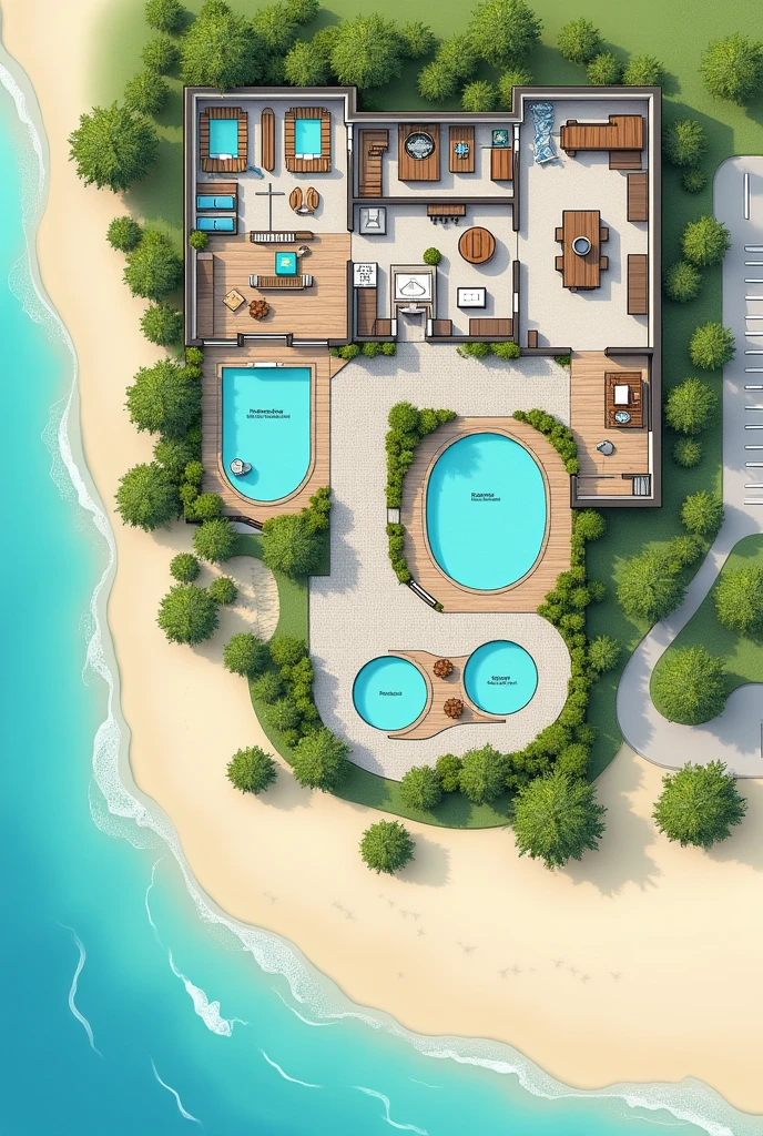 2D floor plan of a beach hotel showing the reception area first, The restaurant space, The recreation space, , 7 guest rooms, A SPA room, An area for people with disabilities, three pools, Connection with green areas, This can be something like an open space and a septic tank with a lid, The L-shaped parking lot One part in front and the rest alongside