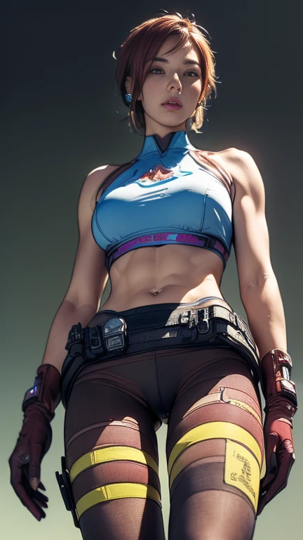 (A woman),(((A female member of the Future Force stands))),((Maroon Tactical High Leg Tights:1.5)),((earphone:1.5)),((Tactical Holster:1.5)),(Gloves:1.5),(Serious:1.5),(Super short hair:1.5),(beautiful eyes:1.3),(Very detailedな顔:1.5),((Very detailed drawing of a female hand:1.5)),(((muscular:1.5))),((Sexy appearance:1.5)),((Thick thighs:1.5)),(Beautiful Body:1.5),((Very sensual:1.5)),(The backdrop is a futuristic city:1.5),(Cyberpunk atmosphere:1.5),(((Blurred background:1.5))),(Written border depth:1.5),rest(((masterpiece:1.5),(best quality:1.5),(Very detailed:1.5),(high resolution:1.5),(Practical:1.5),(Practical:1.5),(Delicate depiction),(carefully drawn))),8K,wallpaper, (((Camel Toe 1.5))),(From below:1.2)