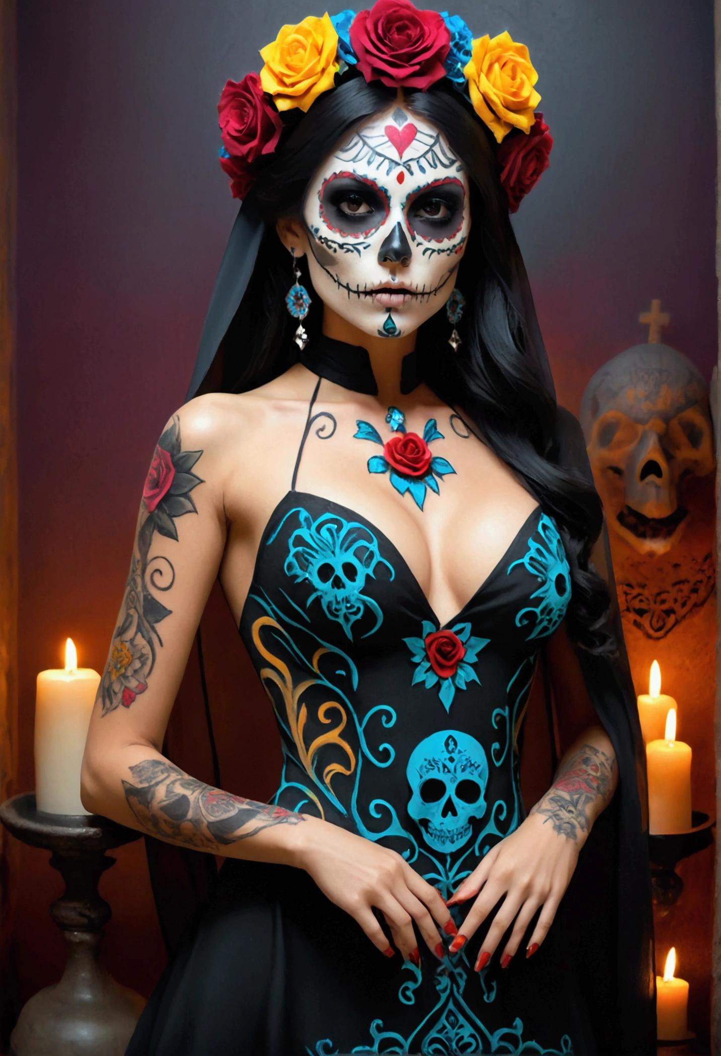 Create an image of the most stunningly gorgeous beautiful perfect sexy Chica Sugar Skull, dios de morta tattoos, Stunningly gorgeous perfect face, beautiful necromancer, bright colors, beautiful necromancer girl, mistress of death, scary dios de morta of death, beautiful girl necromancer, dios de morta maiden, beautiful elegant, full body view, fully naked, perfect nipples, no body hair, complete fullbody in view, wearing a dios de morta dress, showing clevage, high heels,